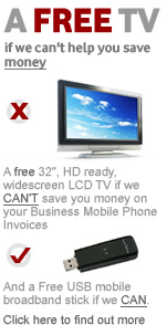 A free 32inch, HD ready, widescreen LCD TV if we can't save you money on your Business Mobile Phone Invoices. And a Free USB mobile broadband stick if we can. Click here to find out more