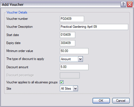 Screenshot of an e-Business voucher being configured within axis diplomat